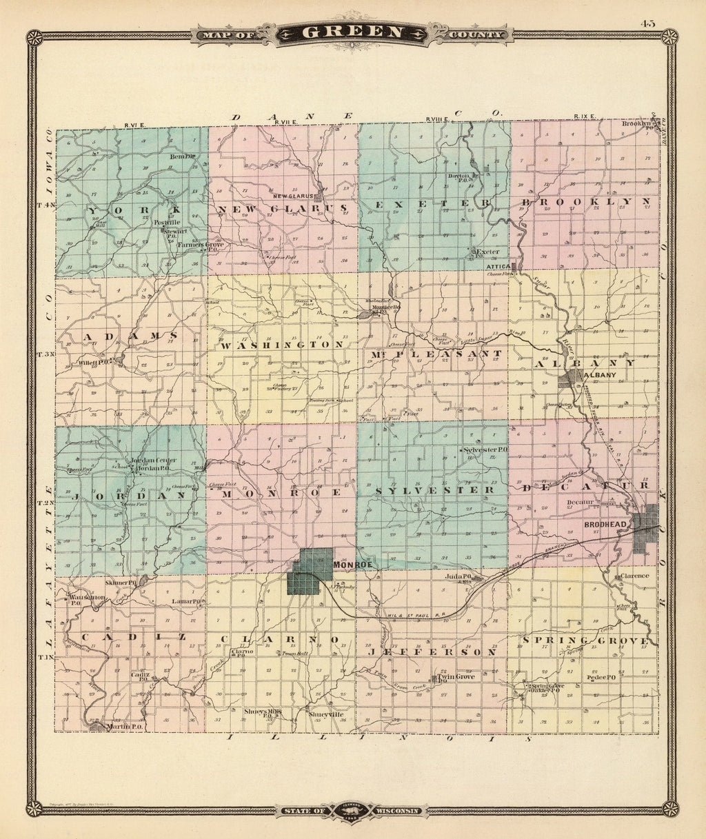Vintage Map of Green County, Wisconsin 1878