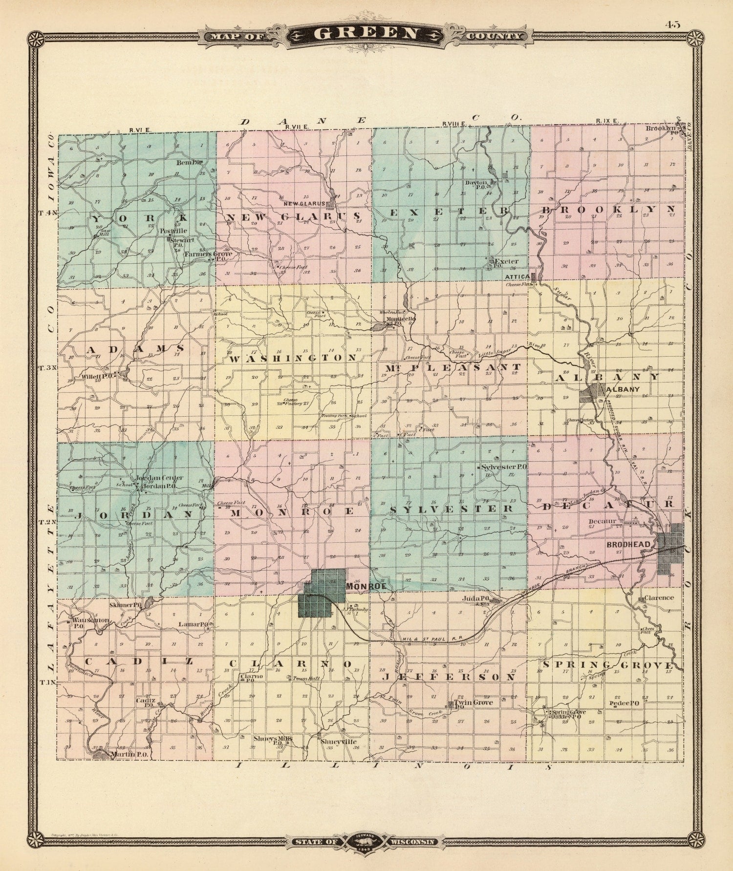 Vintage Map of Green County, Wisconsin 1878