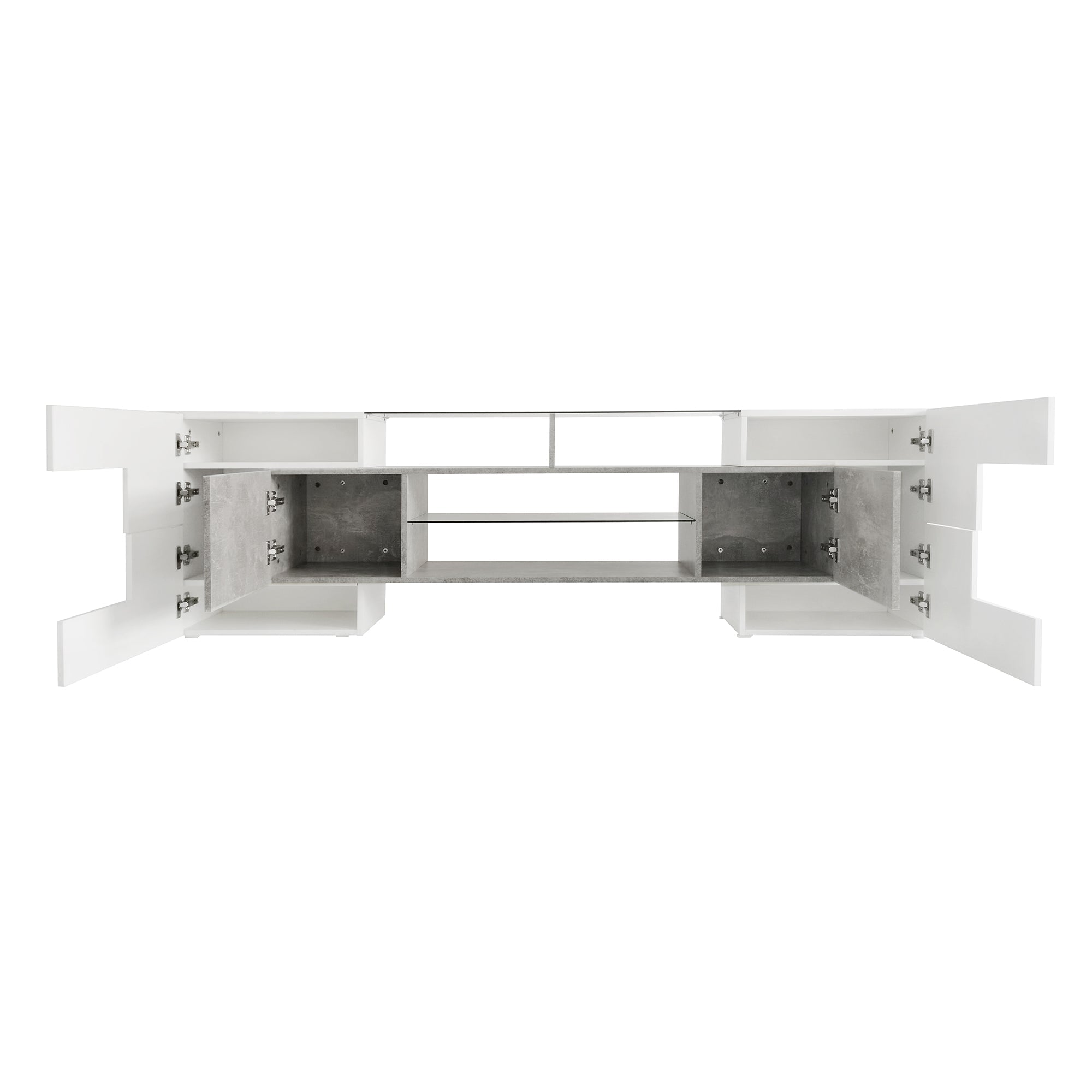 ON-TREND Unique Shape TV Stand with 2 Illuminated Glass Shelves, High Gloss Entertainment Center for TVs Up to 88', Versatile TV Cabinet with LED Color Changing Lights for Living Room, Grey