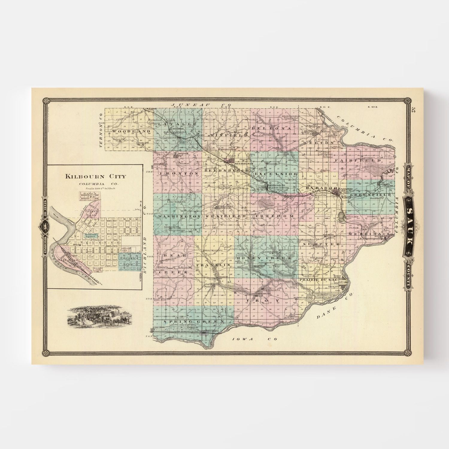 Vintage Map of Sauk County, Wisconsin 1878