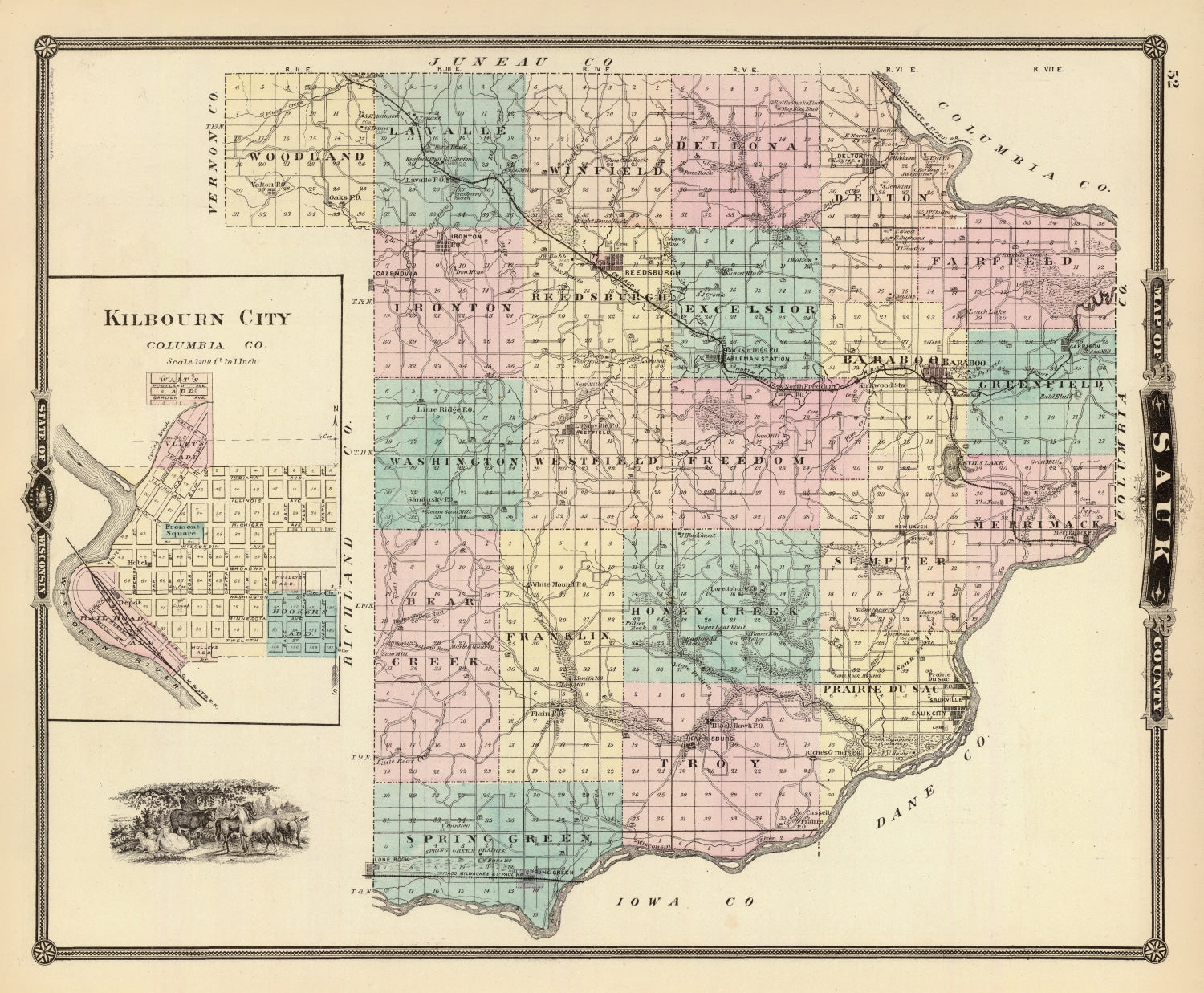 Vintage Map of Sauk County, Wisconsin 1878