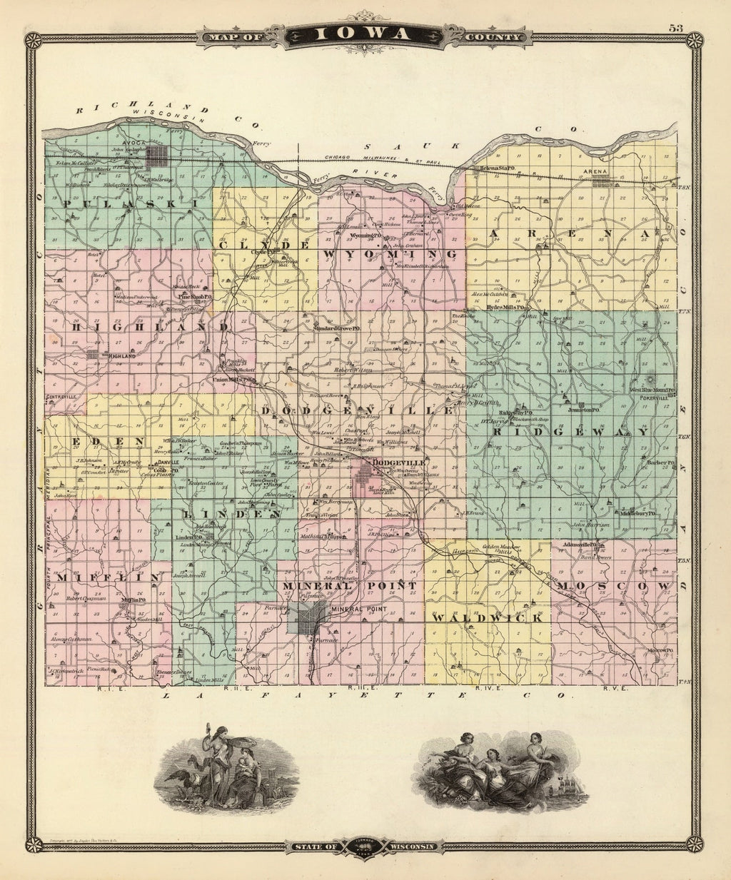 Vintage Map of Iowa County, Wisconsin 1878