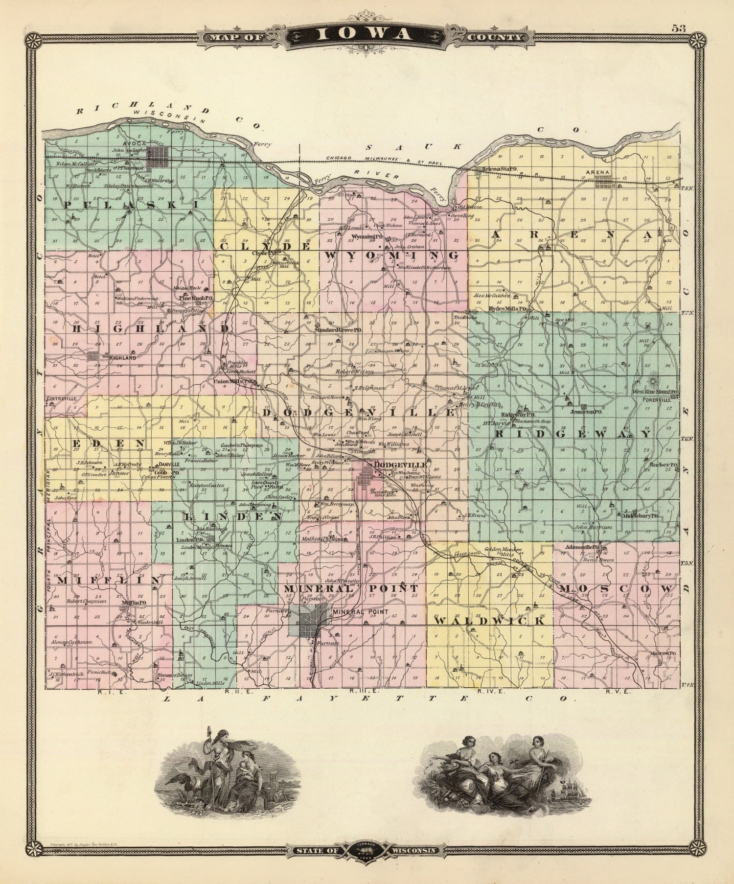 Vintage Map of Iowa County, Wisconsin 1878