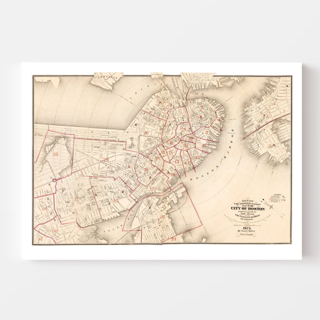 Vintage Map of Boston, Massachusetts 1874