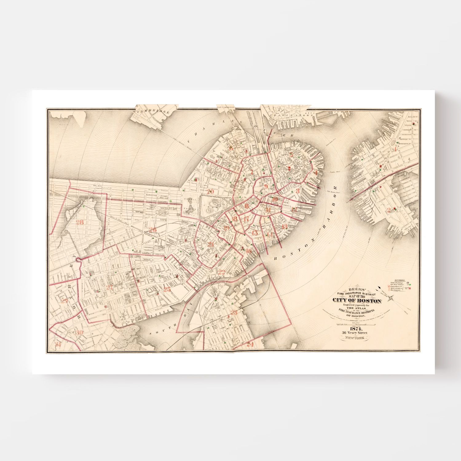 Vintage Map of Boston, Massachusetts 1874