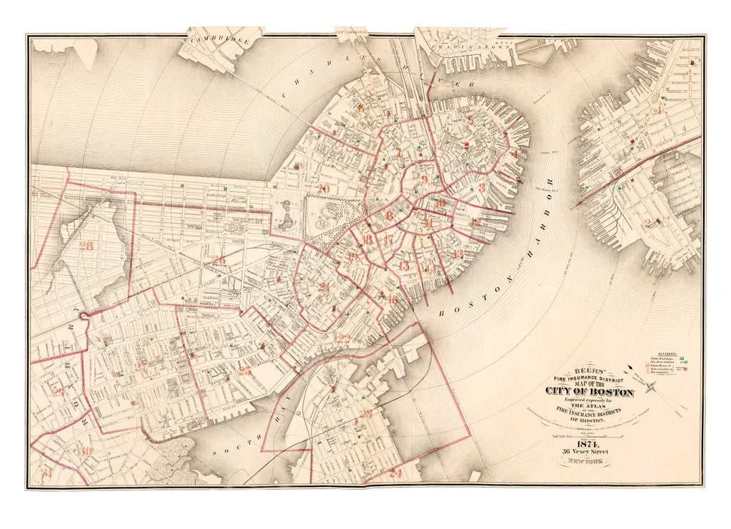 Vintage Map of Boston, Massachusetts 1874