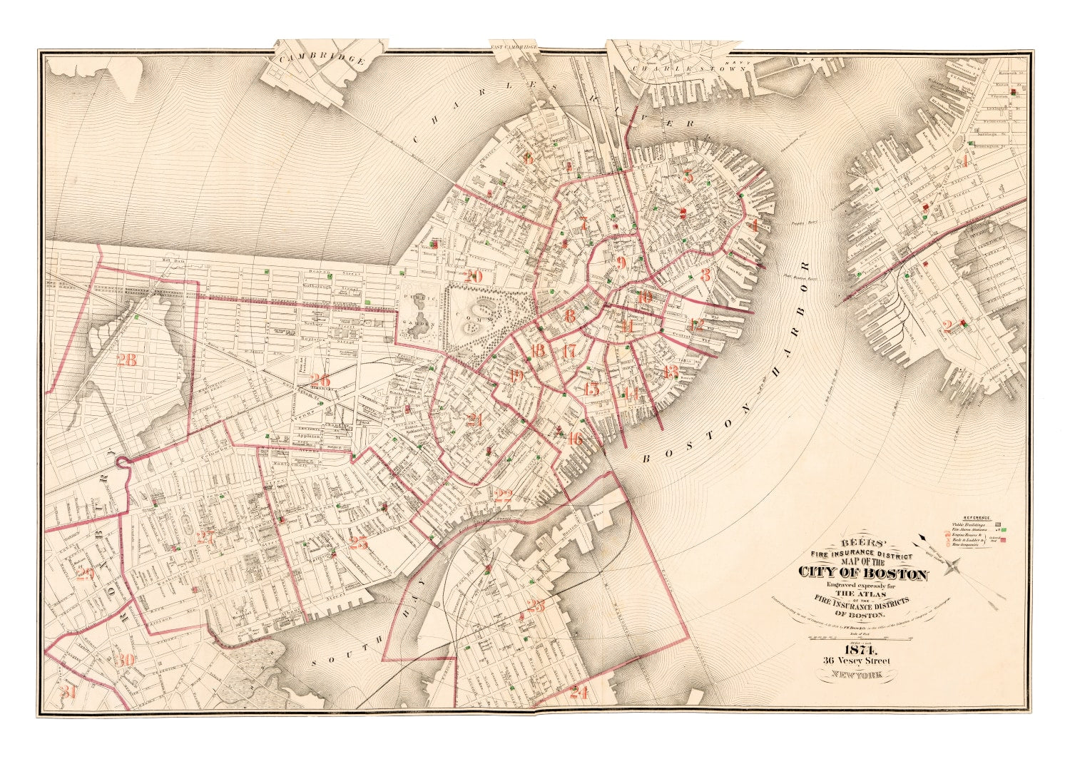 Vintage Map of Boston, Massachusetts 1874