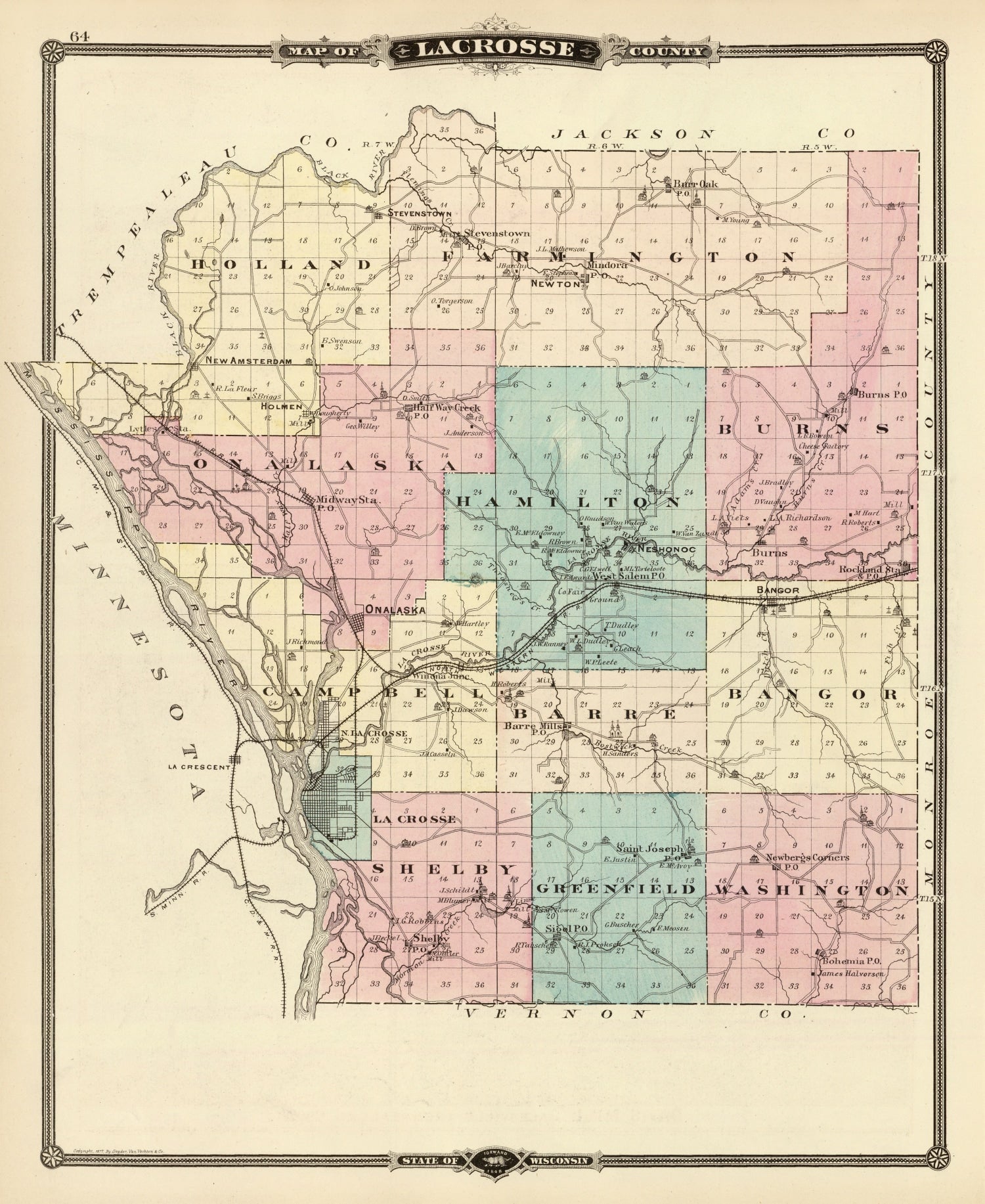 Vintage Map of Lacrosse County, Wisconsin 1878