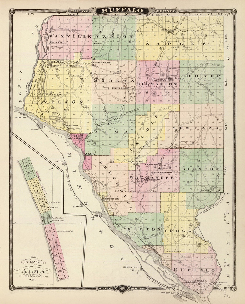 Vintage Map of Buffalo County, Wisconsin 1878