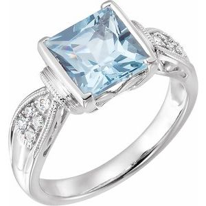 14K White Gold Natural Aquamarine & 1/8 CTW Natural Diamond Ring