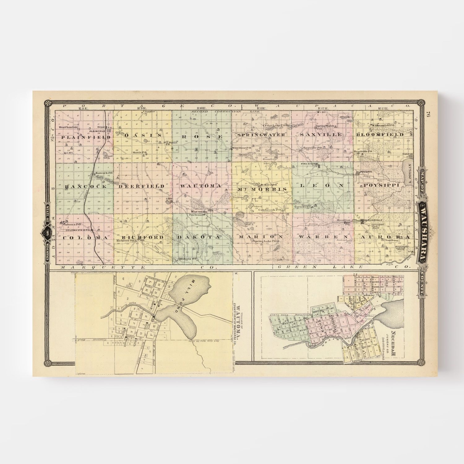 Vintage Map of Waushara County, Wisconsin 1878