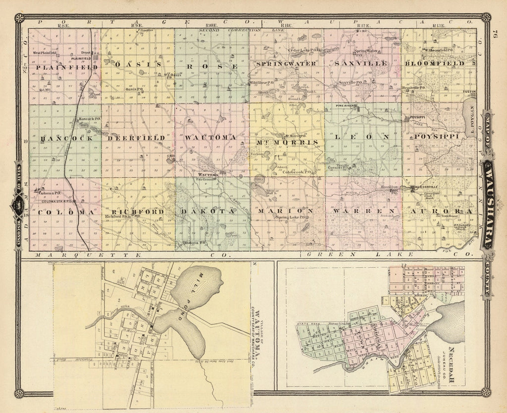 Vintage Map of Waushara County, Wisconsin 1878