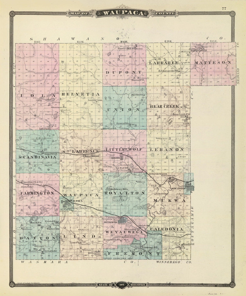 Vintage Map of Waupaca County, Wisconsin 1878