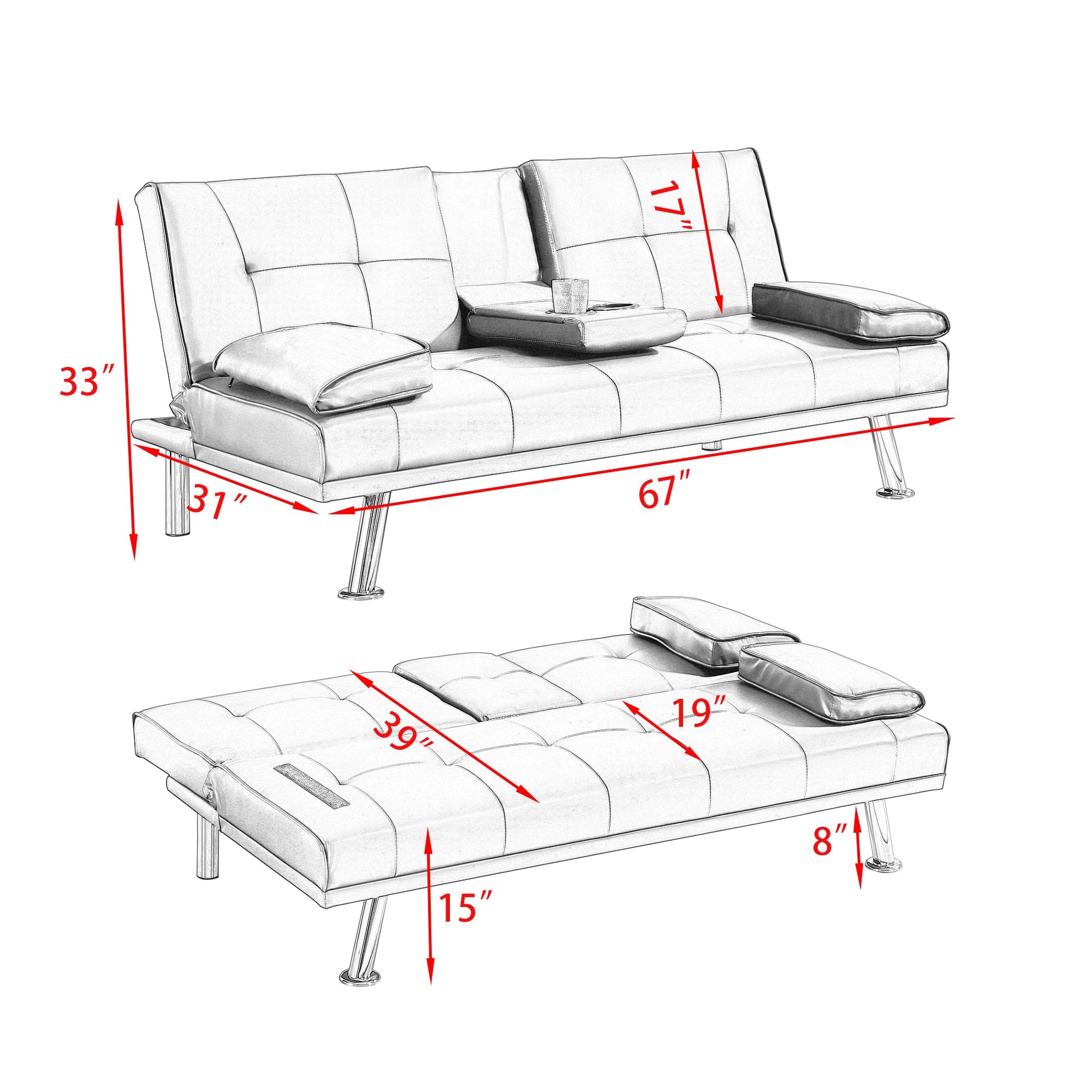 Black Leather Office Double Folding Sofa Bed with Matching Coffee Table, Multifunctional Design