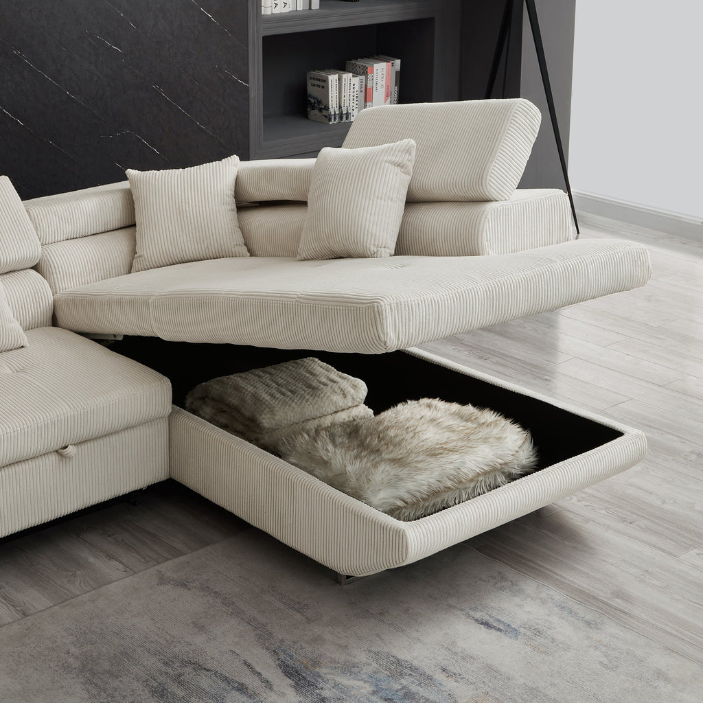 104.3'' Pull Out Sofa Bed with Storage Left Chaise Sofa Bed Corduroy Velvet Upholstery Beige