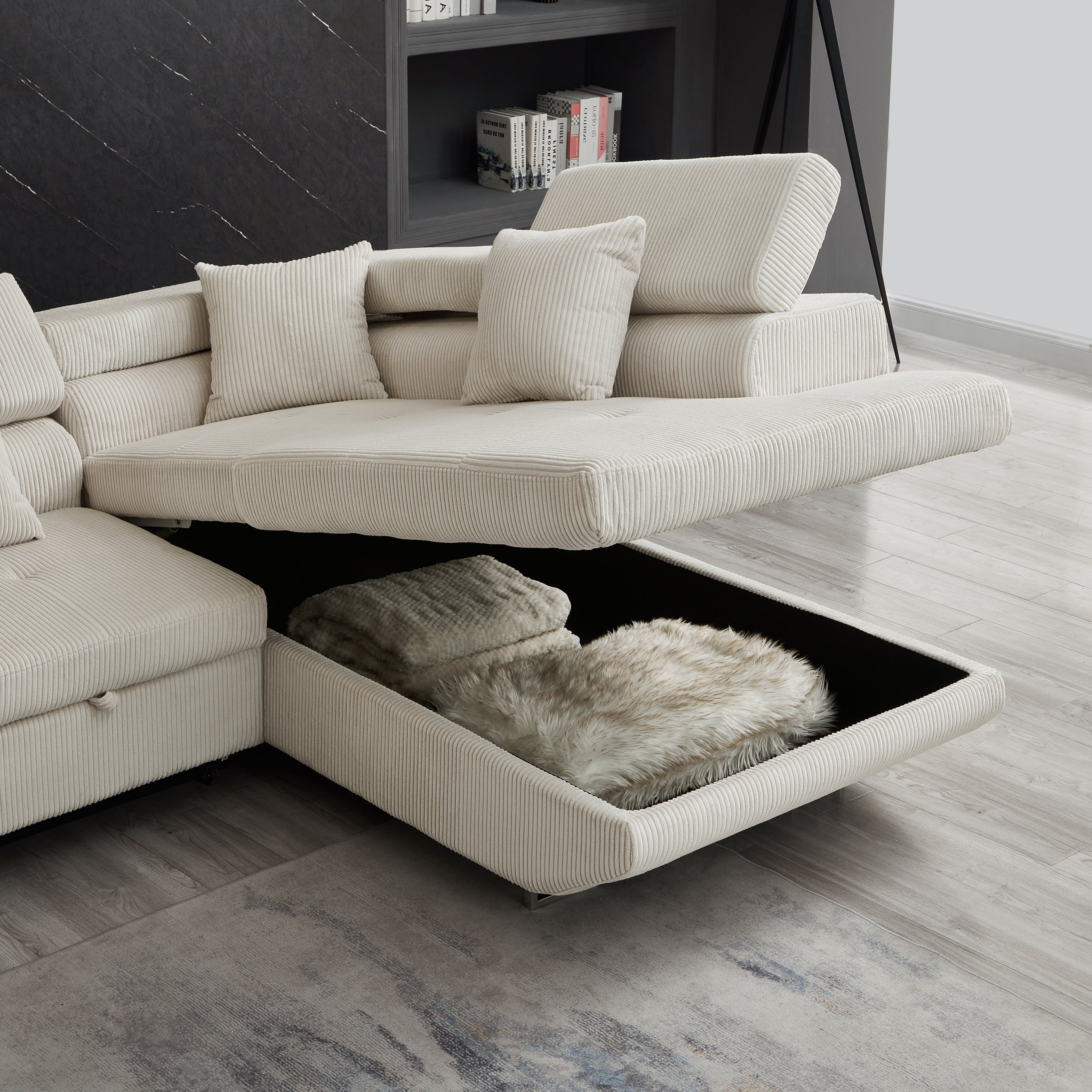 104.3'' Pull Out Sofa Bed with Storage Left Chaise Sofa Bed Corduroy Velvet Upholstery Beige