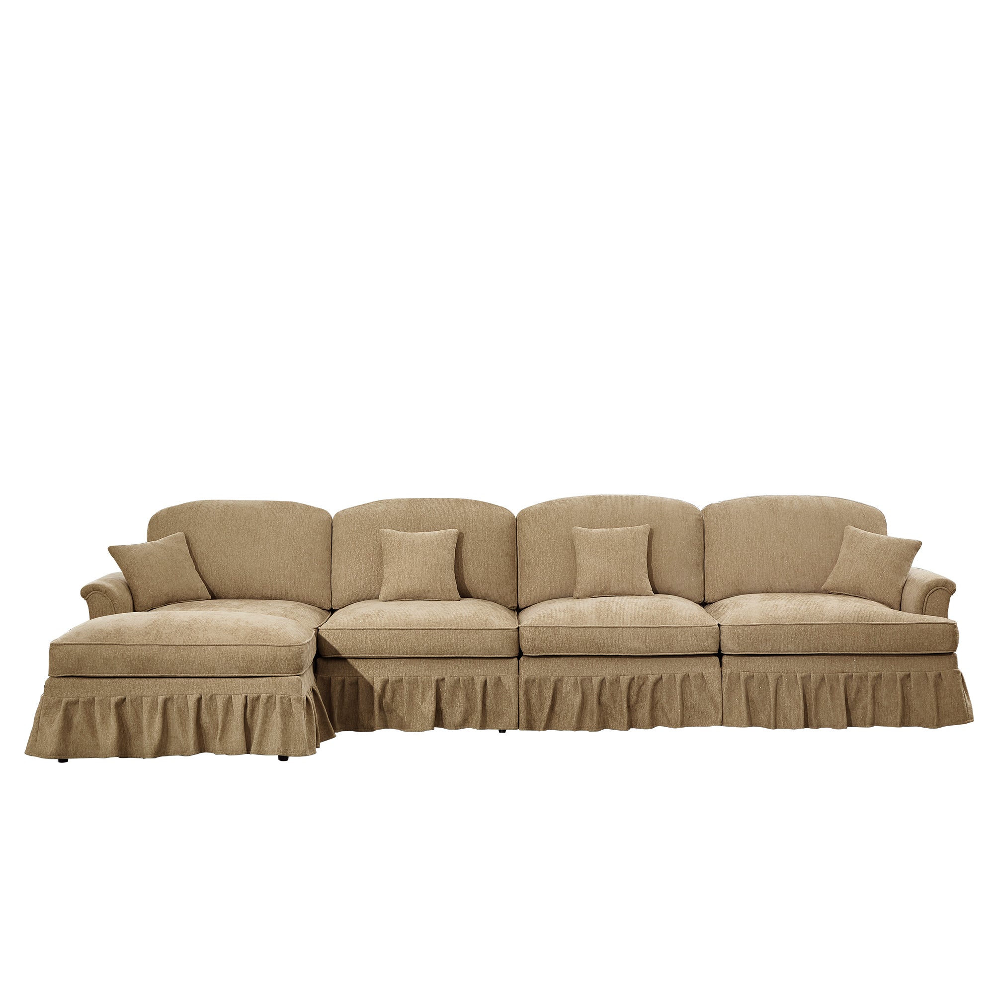 Classic Three Seater Modular L Shaped Sectional Couch with Flared Arms and Removable Ruffles Pleats Skirts and Spindle Legs, Comfy Chenille Four-Seat Deep Seat Sofa with Movable Ottoman, Light Coffee