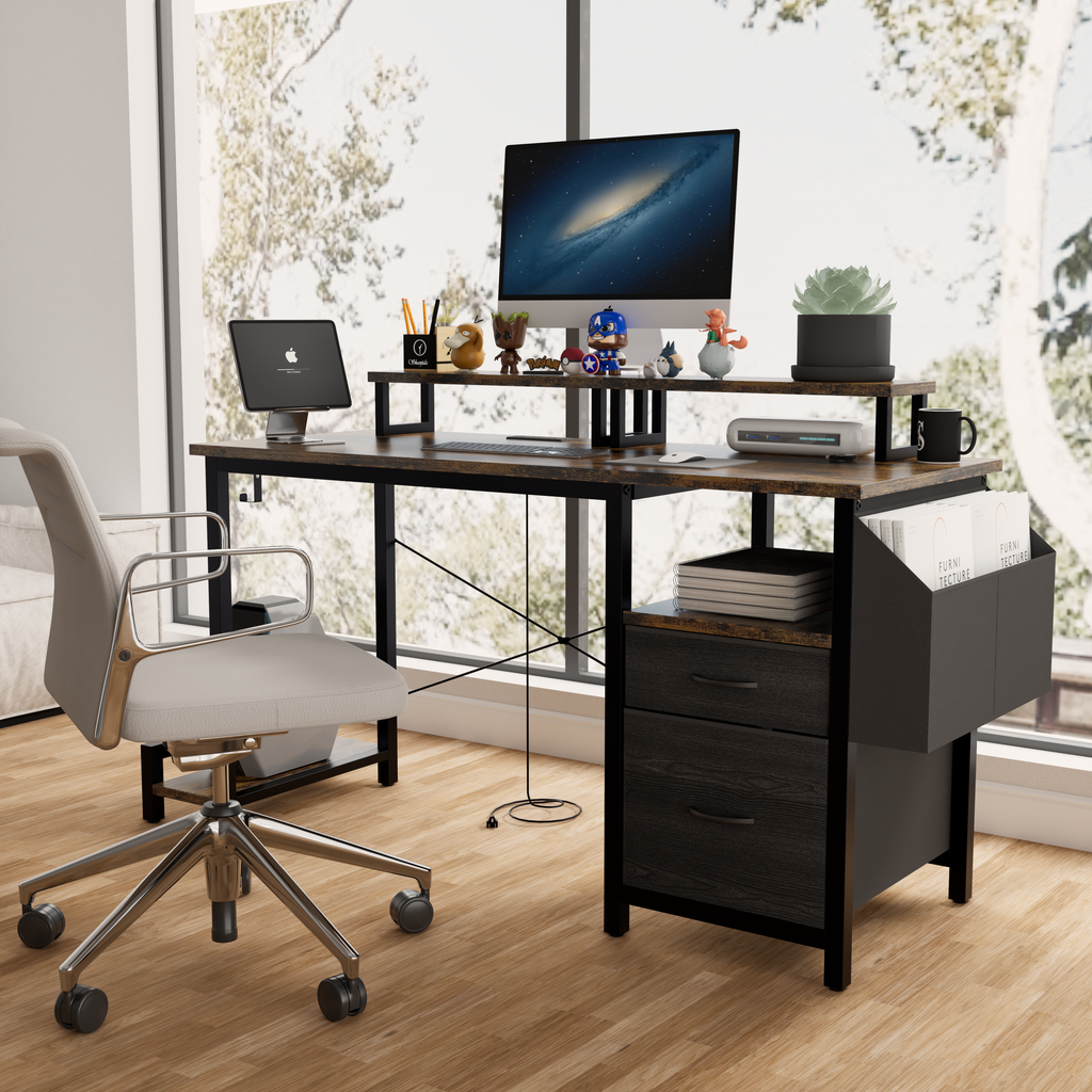 Computer Desk with Drawer and Power Outlets, 47' Office Desk with 2 Monitor Stands and Fabric File Cabinet, Writing Gaming Table with Shelves and Hooks for Home Office, Rustic Brown