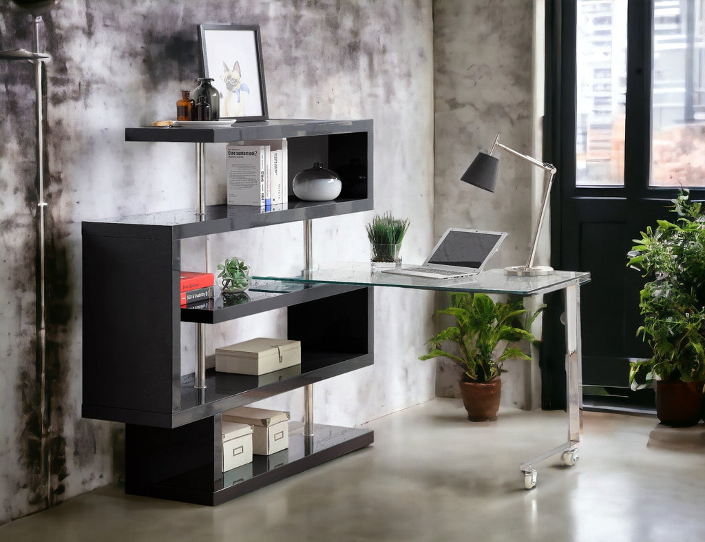 Buck II Clear Glass, Chrome High Gloss Finish Writing Desk with Shelf