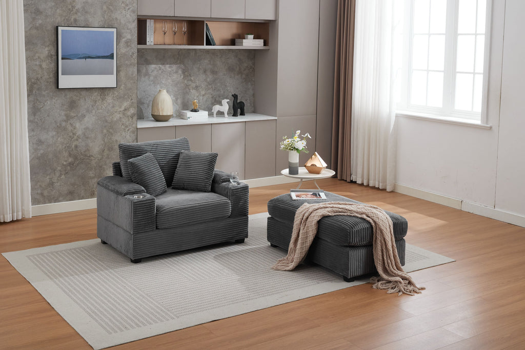[VIDEO/New]Corduroy Upholstered Chaise Lounge Sofa with Handrail storage ,Movable ottoman,Cupholders,Detachable Cushions Deep Seat for Living Room Office,3 colour