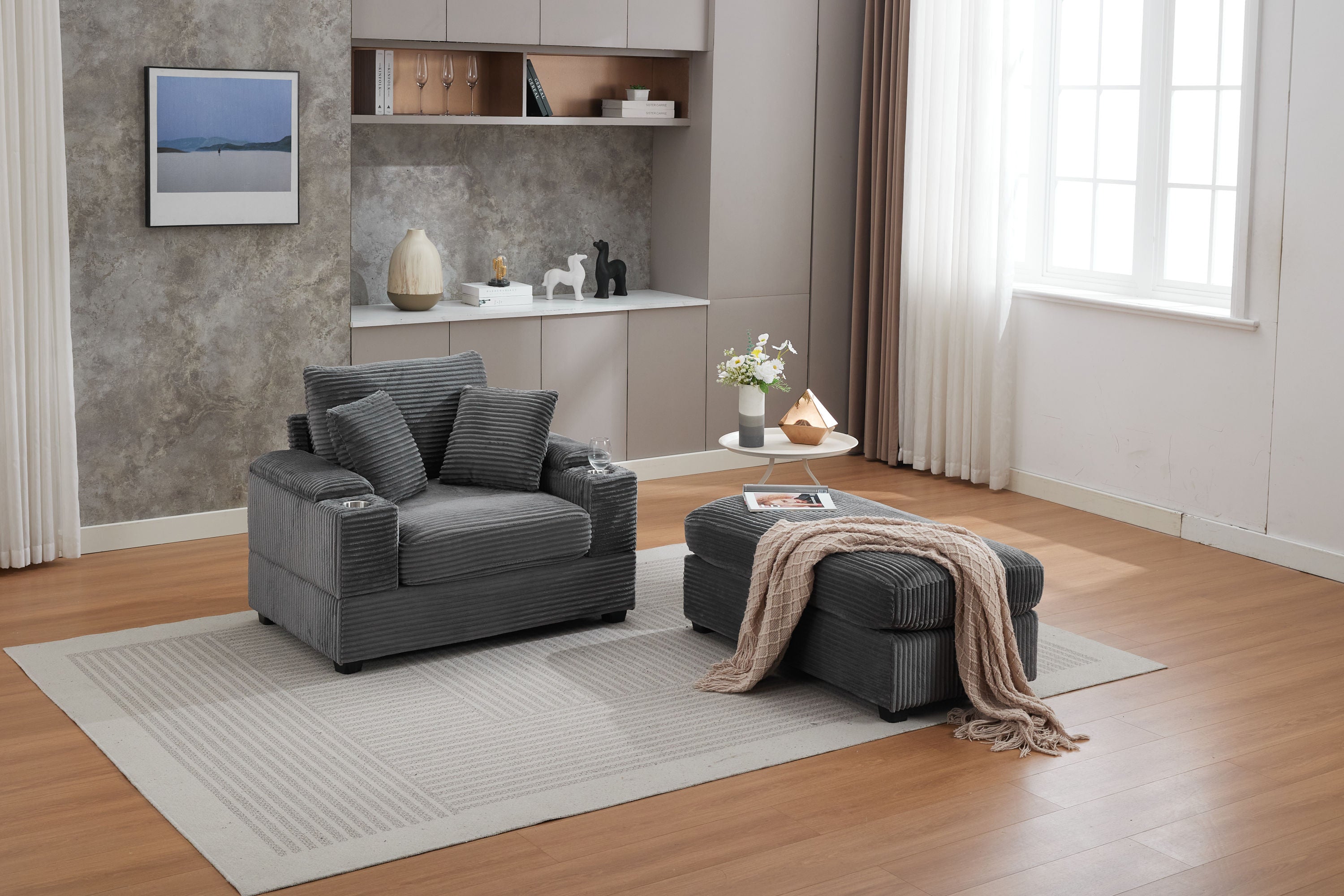 [VIDEO/New]Corduroy Upholstered Chaise Lounge Sofa with Handrail storage ,Movable ottoman,Cupholders,Detachable Cushions Deep Seat for Living Room Office,3 colour