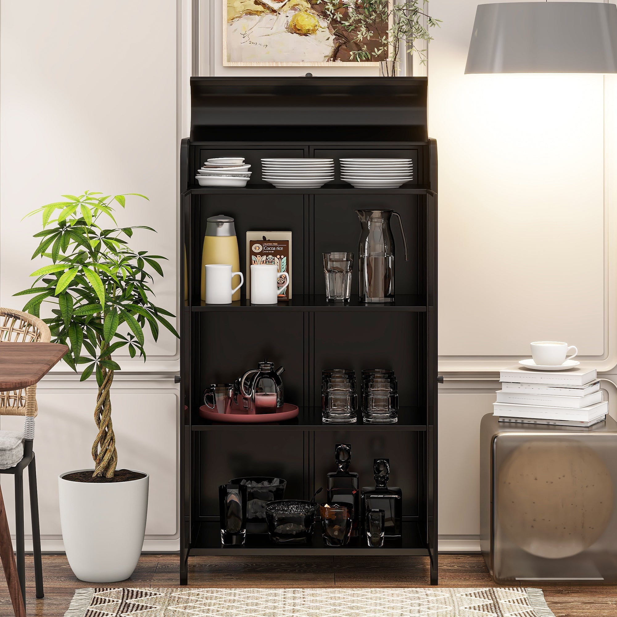 47.6' Tall Metal Storage Cabinet with Glass Doors & Flip-Top, 4-Tier Display Cabinet with Open Shelves, Freestanding Steel Sideboard Buffet for Kitchen, Living Room, Home Office, Dining Room, Bathroom