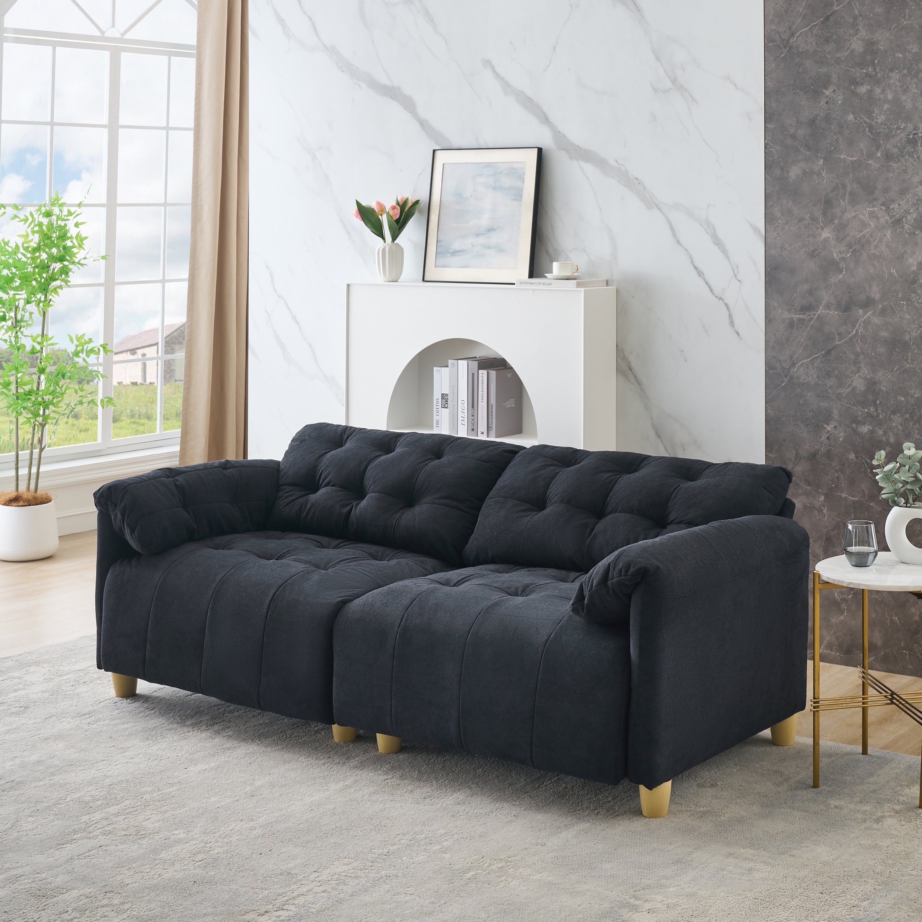 French retro cloud fabric double-seat creamy style straight-line sofa for the living room.