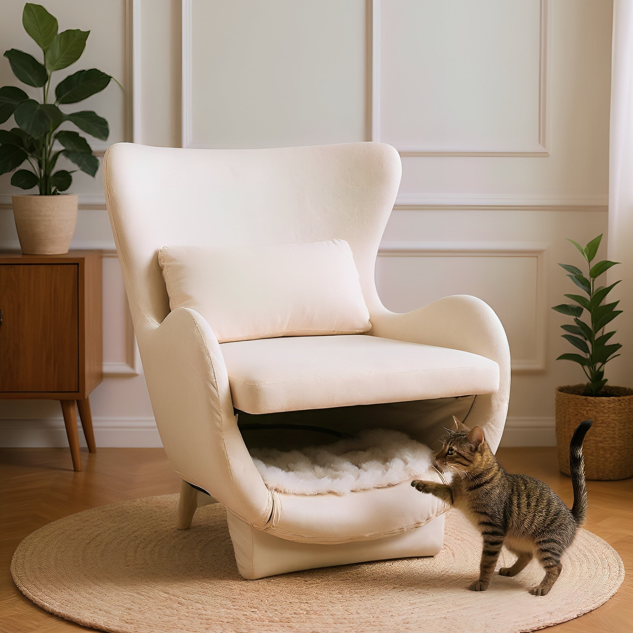 Furniture Style 2 in 1 Pet Friendly  Modern Velvet Lounge Chair, Upholstered  Back Accent Chair Leisure Single Sofa Chair for Living Room Office, White