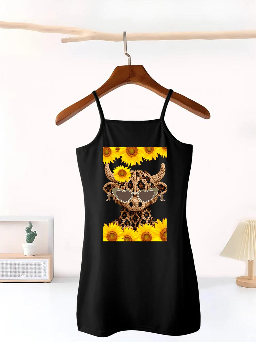 Yarn Highland Cow with Sunflowers Dress with Shoulder Straps for Girls