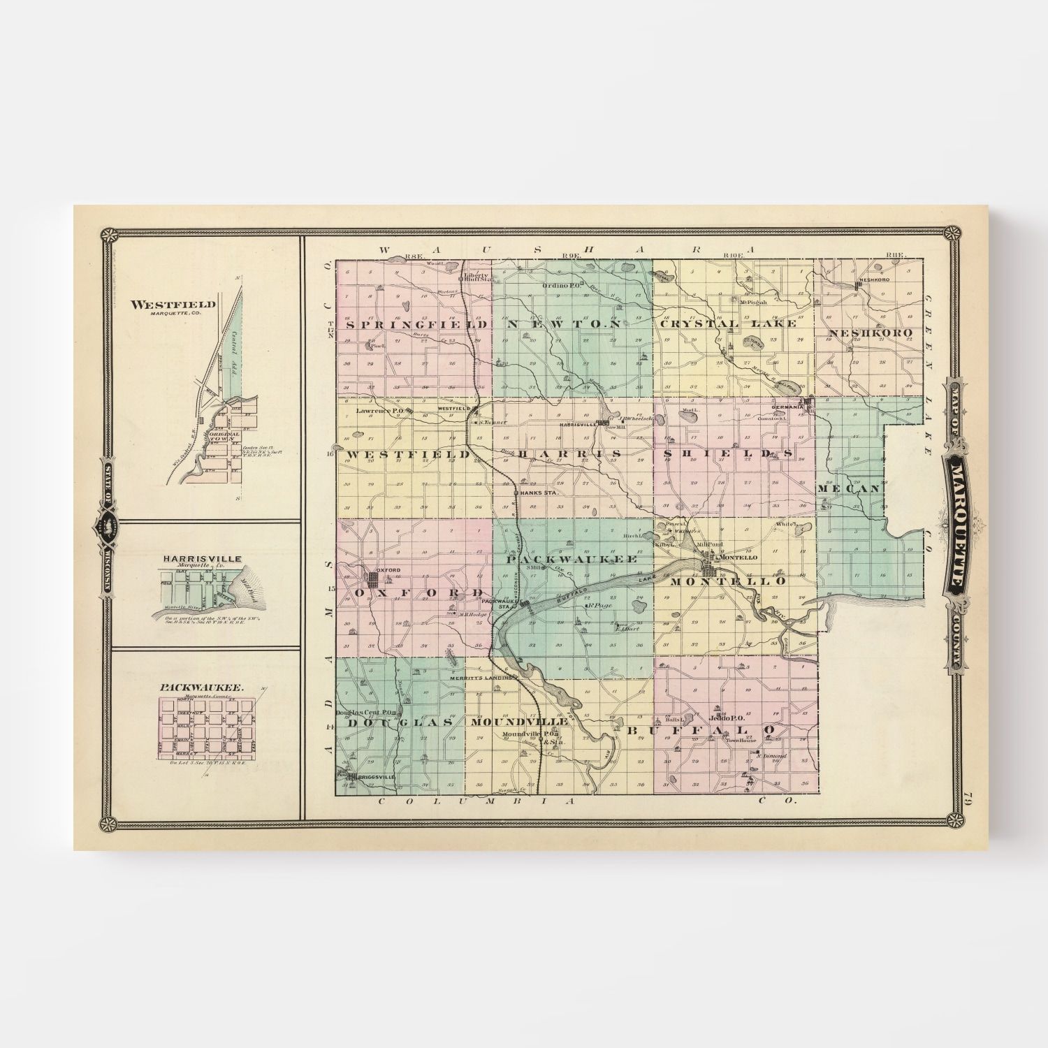 Vintage Map of Marquette County, Wisconsin 1878