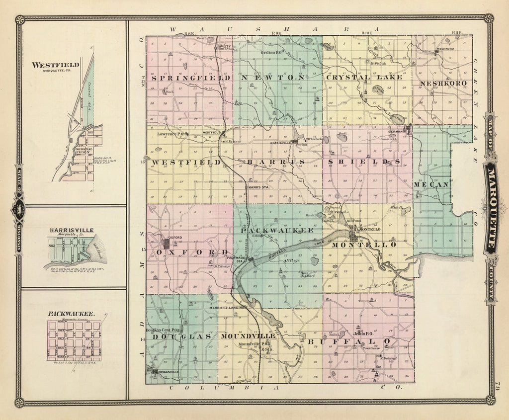 Vintage Map of Marquette County, Wisconsin 1878