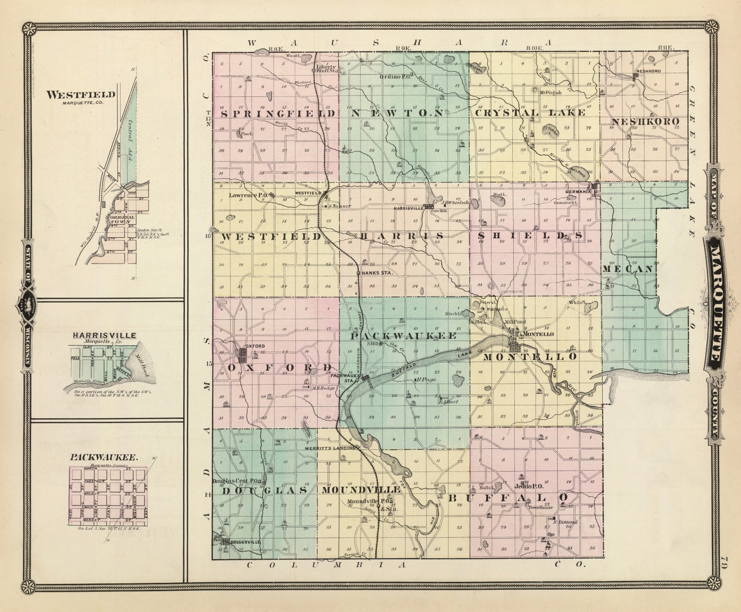Vintage Map of Marquette County, Wisconsin 1878