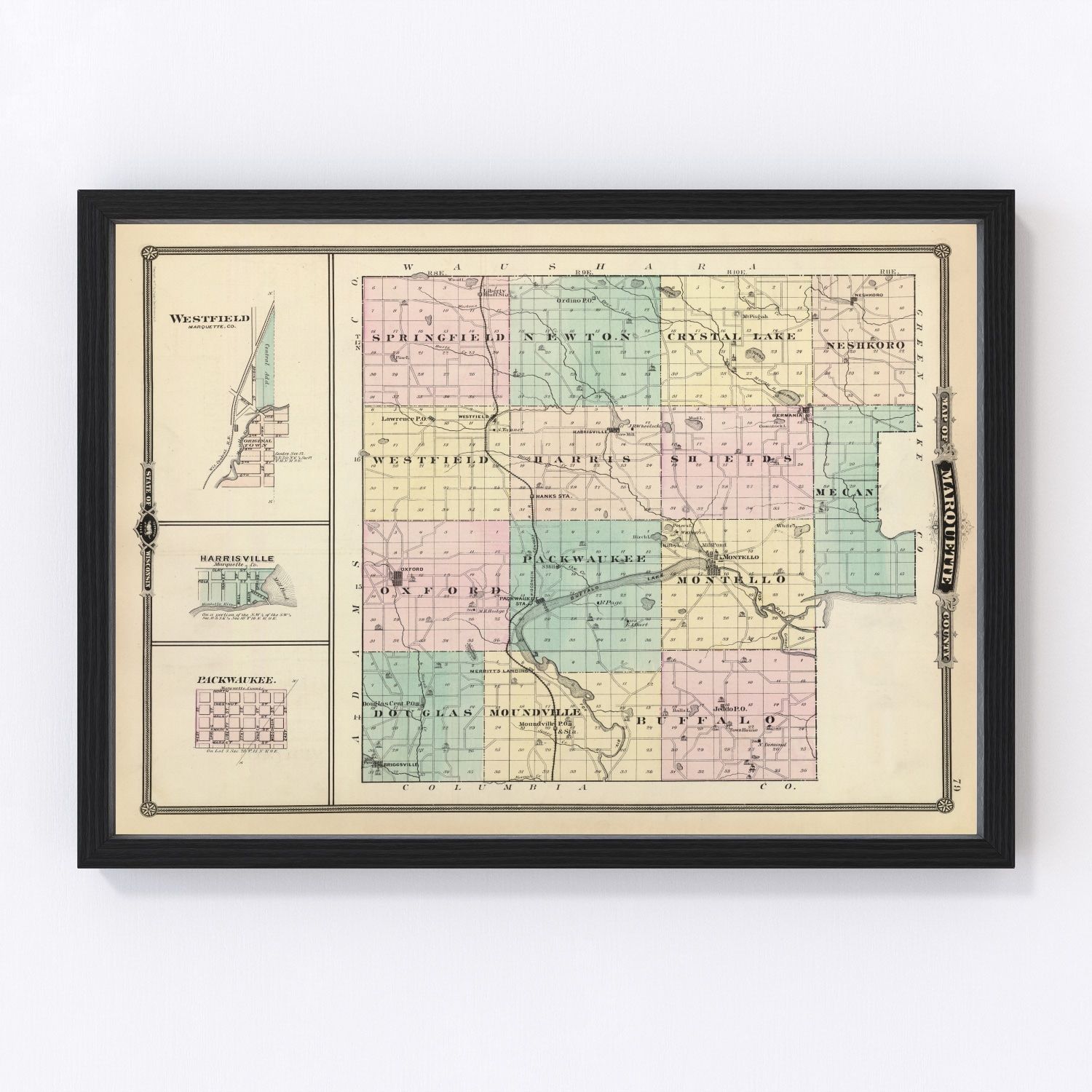 Vintage Map of Marquette County, Wisconsin 1878