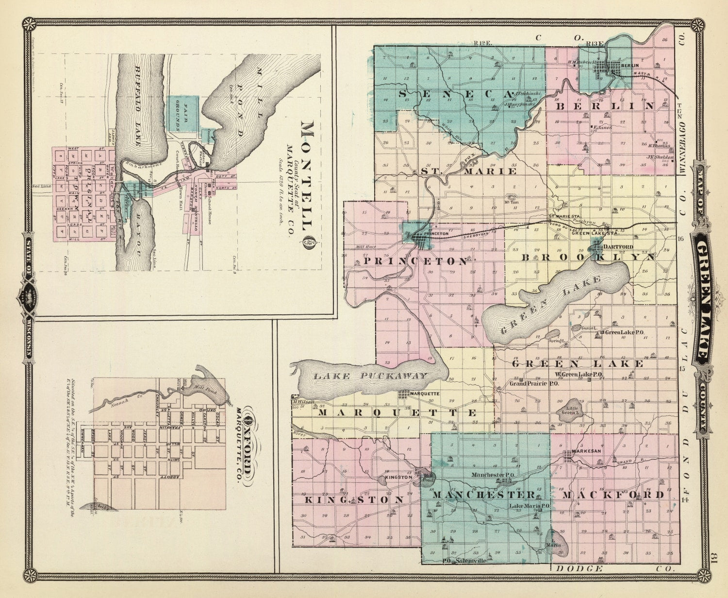 Vintage Map of Green Lake County, Wisconsin 1878