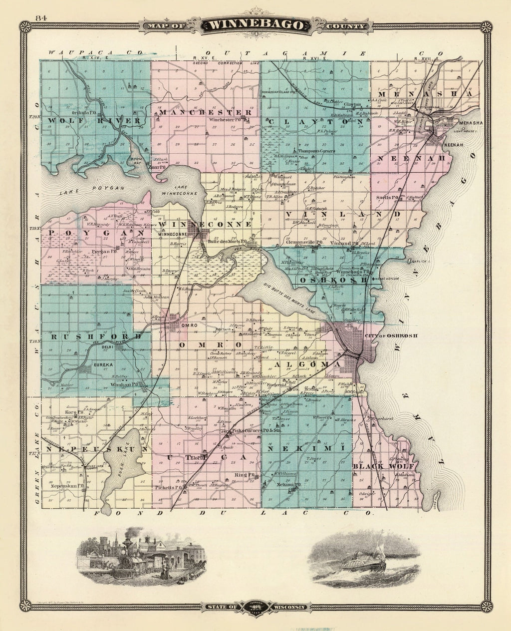 Vintage Map of Winnebago County, Wisconsin 1878