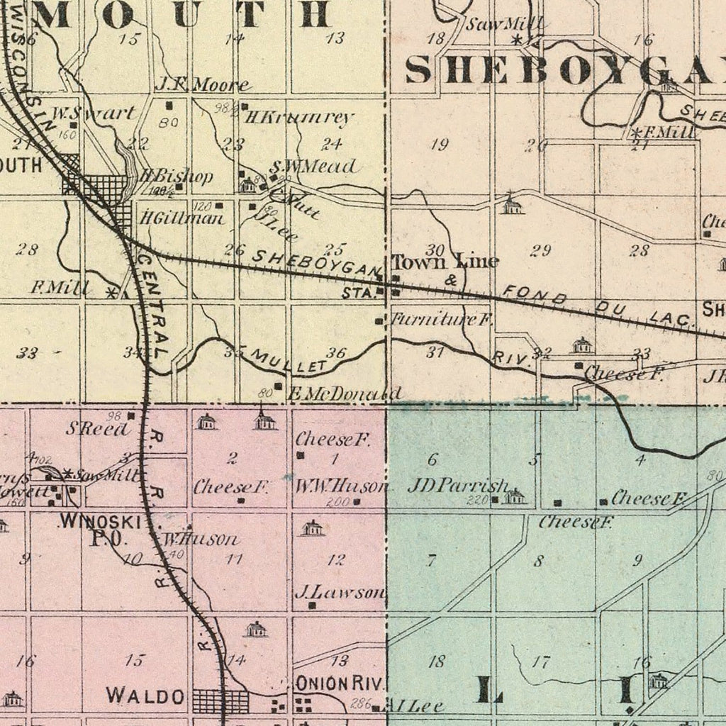 Vintage Map of Sheboygan County, Wisconsin 1878