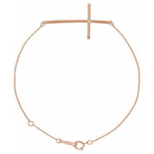 14K Rose Gold .025 CT Natural Diamond Sideways Cross 7-8" Bracelet