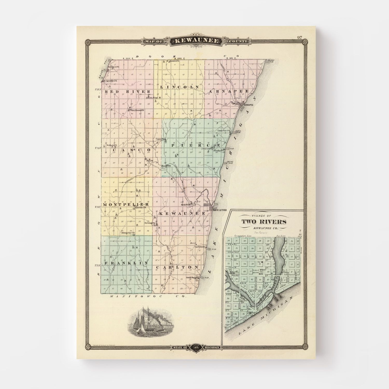 Vintage Map of Kewaunee County, Wisconsin 1878