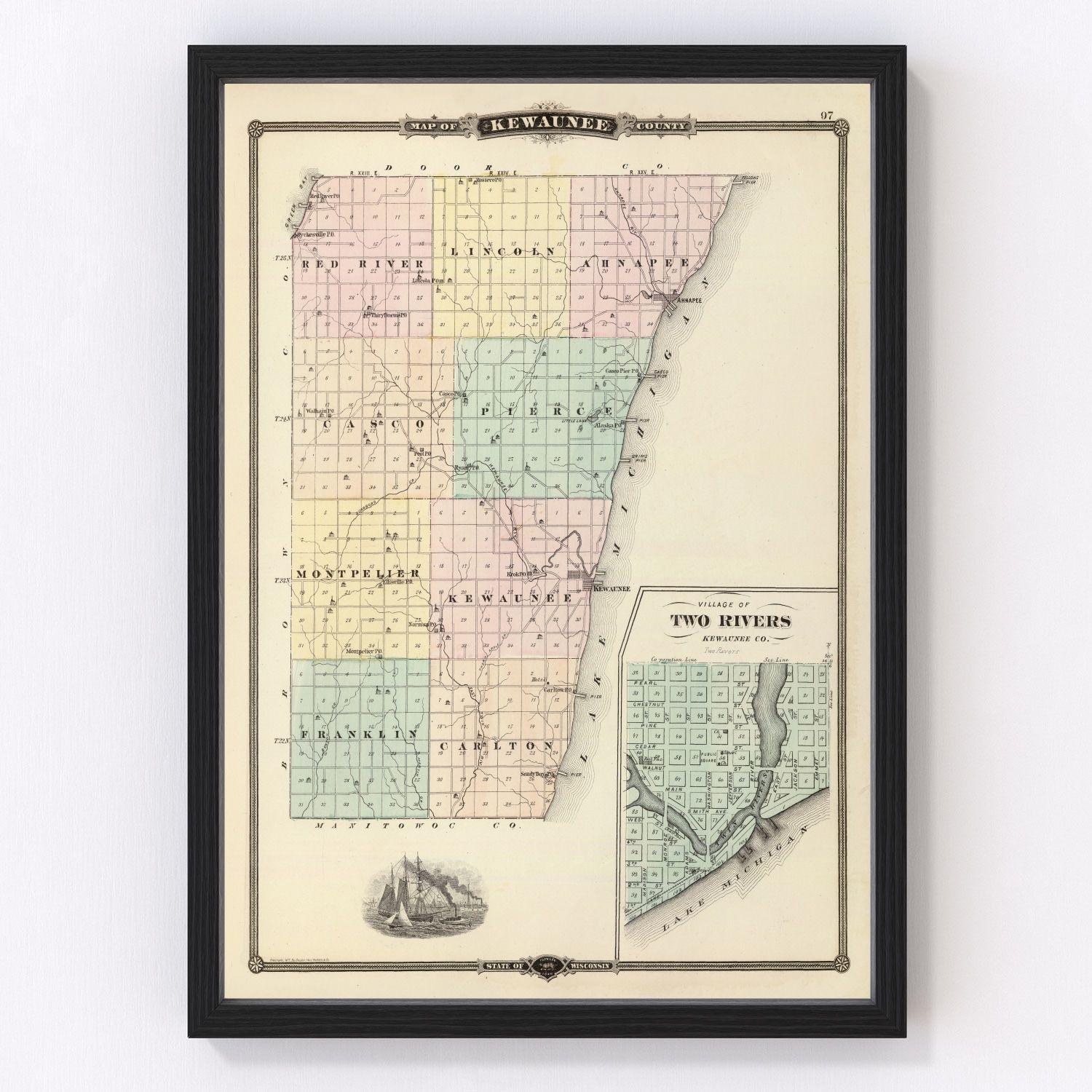 Vintage Map of Kewaunee County, Wisconsin 1878
