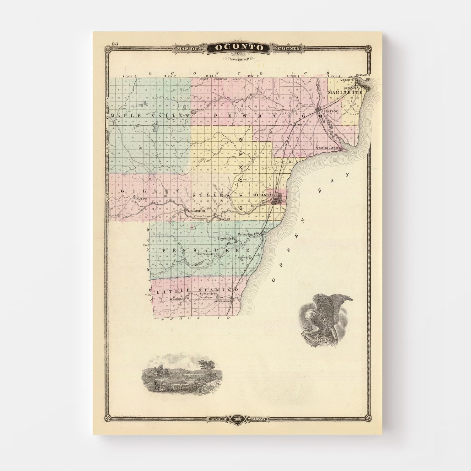 Vintage Map of Oconto County, Wisconsin 1878