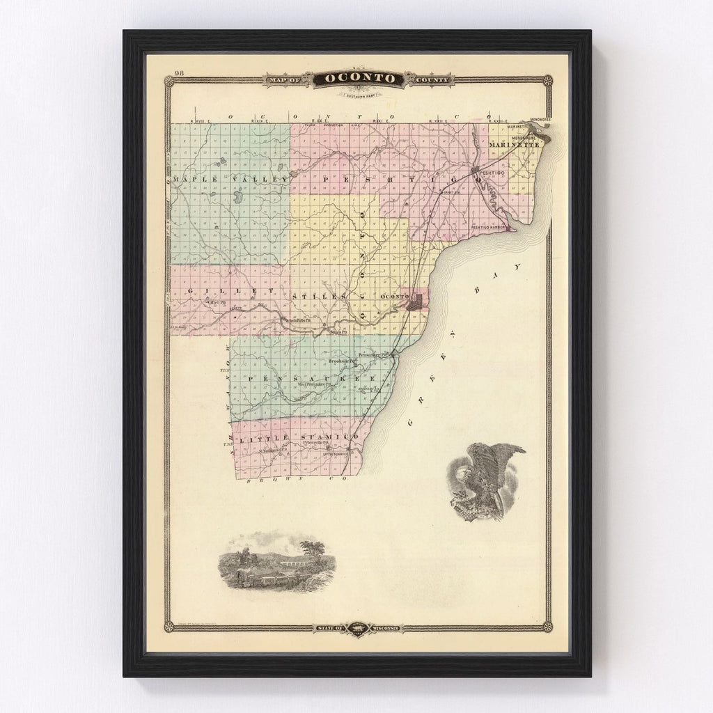 Vintage Map of Oconto County, Wisconsin 1878