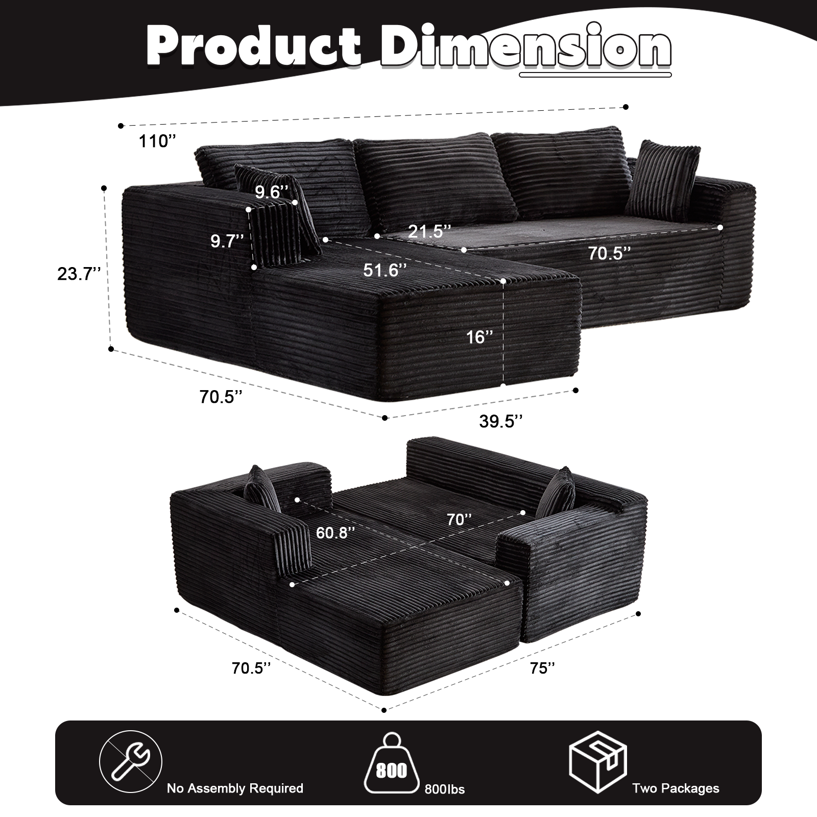 Compression Sectional Couch with Comfy Chaise, Boneless L Shape Sofa with Deep Seat, Minimalist Modular Couches Sleeper for Living Room Bedroom Apartment Lounge,corduroy,Black
