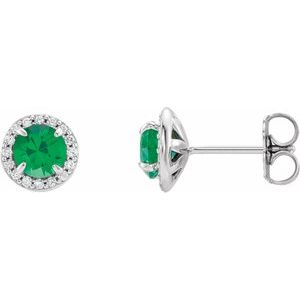 14K White Gold 3.5 mm Round Emerald & 1/8 CTW Diamond Earrings
