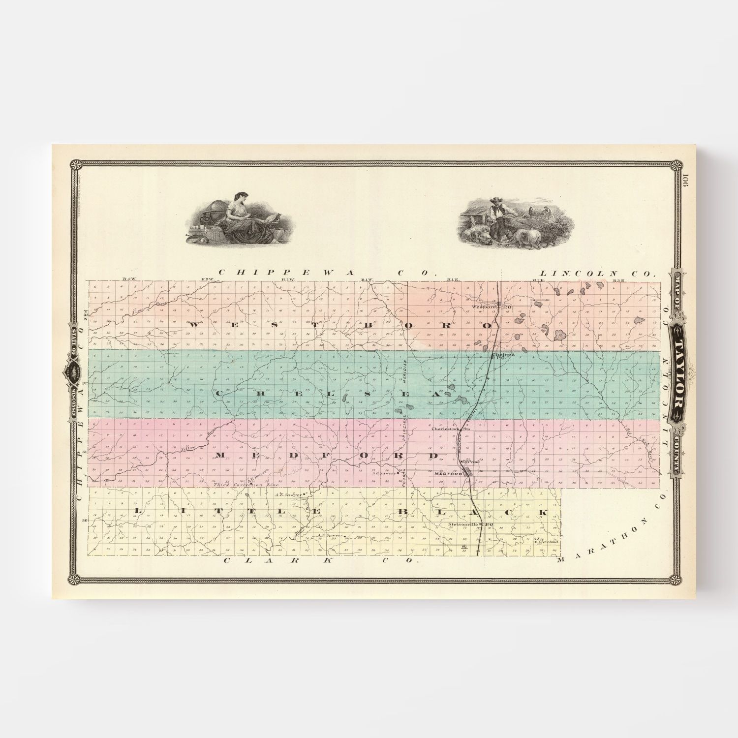 Vintage Map of Taylor County, Wisconsin 1878