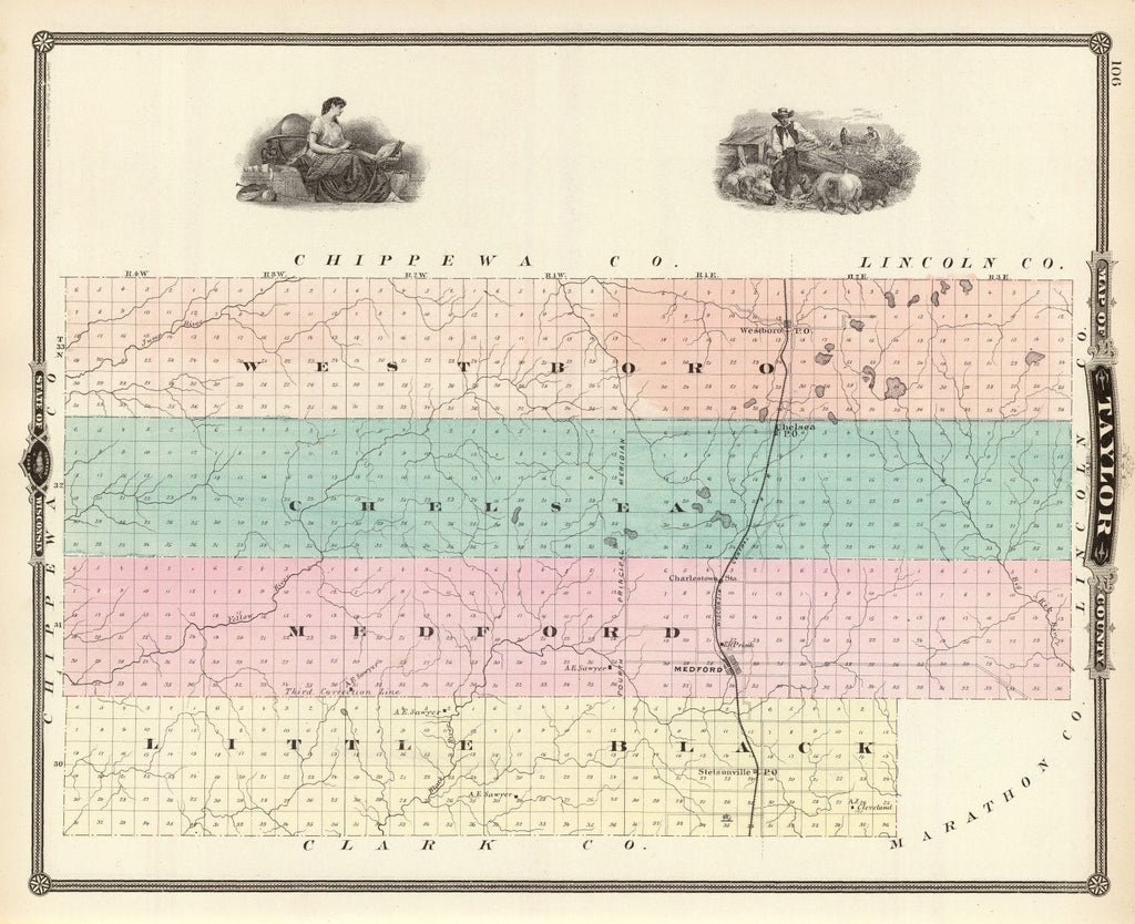 Vintage Map of Taylor County, Wisconsin 1878