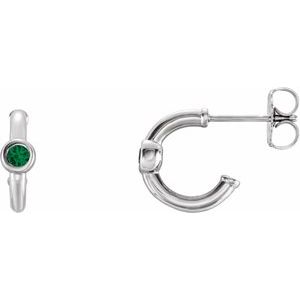 14K White Gold Natural Emerald Huggie Hoop Earrings