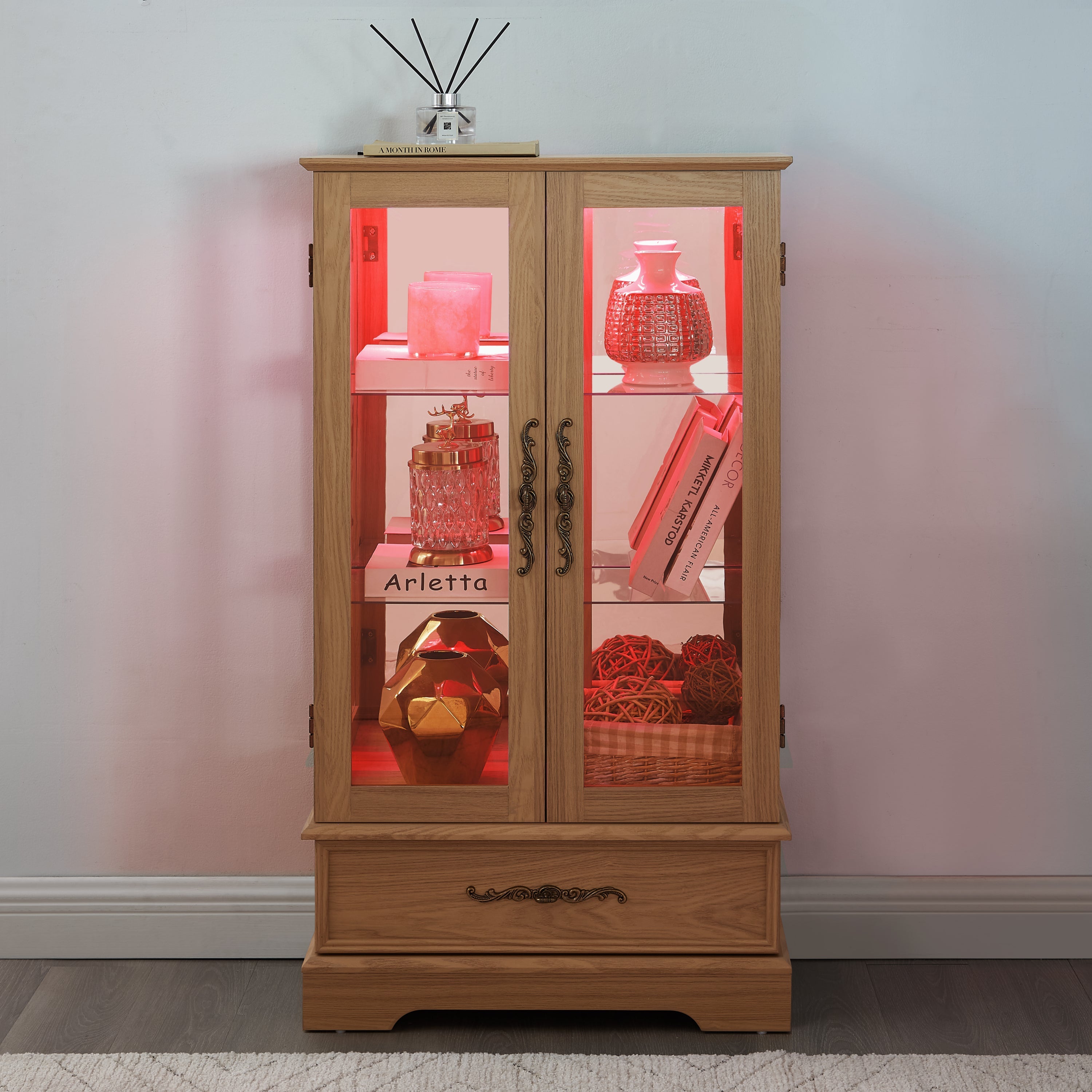 Lighted Glass Curio Display Cabinet with Adjustable Shelves - 2 Doors, 1 Drawer, LED Lights, Elegant Light Oak Finish
