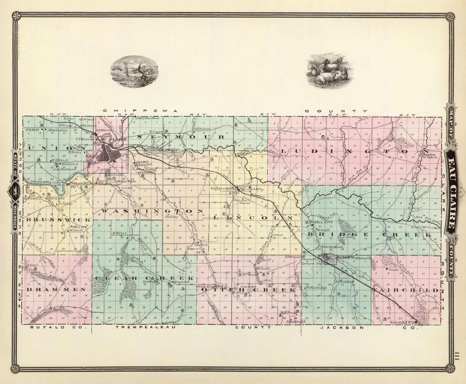 Vintage Map of Eau Claire County, Wisconsin 1878