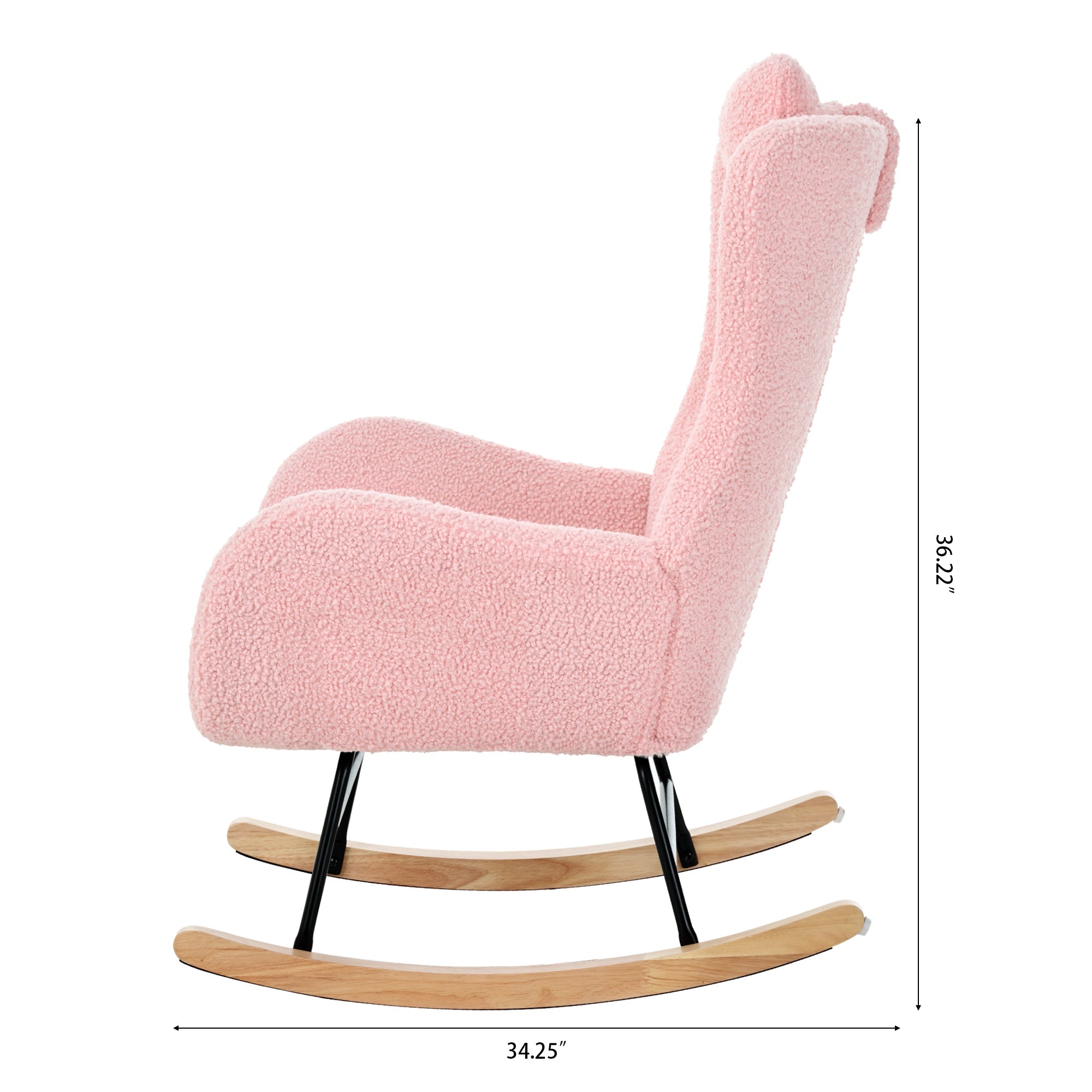 Rocking Chair Nursery, Teddy Upholstered Rocker Glider Chair with High Backrest, Adjustable Headrest & Pocket, Comfy Glider Chair for Nursery, Bedroom, Living Room, Offices, Rubber wood, pink