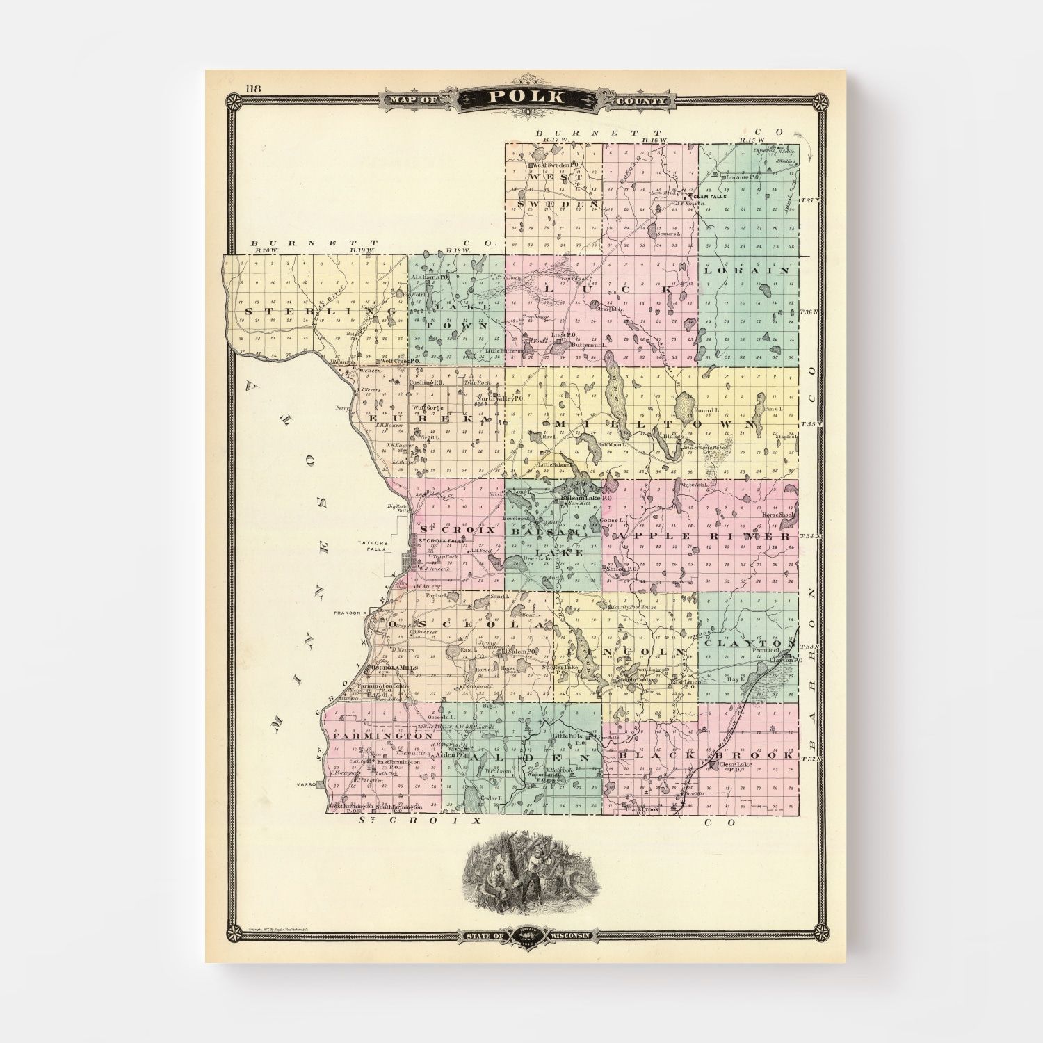 Vintage Map of Polk County, Wisconsin 1878